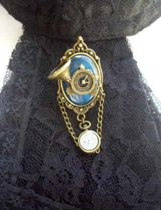Gothic Steampunk Trumpet Horn Gear Cog Blue Cameo Brooch Badge Cravat Jabot Pin by GothicWeddingAngel steampunk buy now online