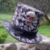 Leather & glitter skull fabric Day of the Dead Mexican steampunk goth / gothic style tall Top Hat with large skull and crossbones badge by Cobbcoleather steampunk buy now online