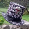 Leather & glitter skull fabric Day of the Dead Mexican steampunk goth / gothic style tall Top Hat with large skull and crossbones badge by Cobbcoleather steampunk buy now online Leather & glitter skull fabric Day of the Dead Mexican steampunk goth / gothic style tall Top Hat with large skull and crossbones badge by Cobbcoleather steampunk buy now online