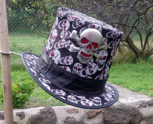 Leather & glitter skull fabric Day of the Dead Mexican steampunk goth / gothic style tall Top Hat with large skull and crossbones badge by Cobbcoleather steampunk buy now online