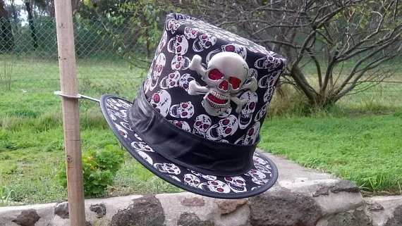 Leather & glitter skull fabric Day of the Dead Mexican steampunk goth / gothic style tall Top Hat with large skull and crossbones badge by Cobbcoleather steampunk buy now online Leather & glitter skull fabric Day of the Dead Mexican steampunk goth / gothic style tall Top Hat with large skull and crossbones badge by Cobbcoleather steampunk buy now online