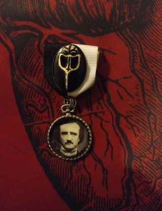 Nevermore: Edgar Allan Poe portrait medal set in hand-cast and hand-painted resin on white & black ribbon w/ Raven Skull / Plague Mask Cameo by TorchandArrow steampunk buy now online