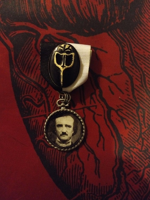 Nevermore: Edgar Allan Poe portrait medal set in hand-cast and hand-painted resin on white & black ribbon w/ Raven Skull / Plague Mask Cameo by TorchandArrow steampunk buy now online Nevermore: Edgar Allan Poe portrait medal set in hand-cast and hand-painted resin on white & black ribbon w/ Raven Skull / Plague Mask Cameo by TorchandArrow steampunk buy now online
