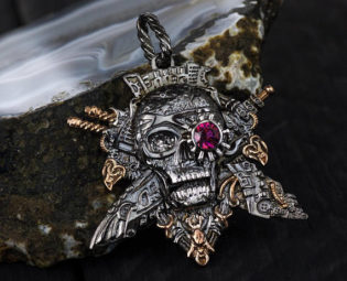 Pendant steampunk style jewelry gems SKULL BIKER gothic art fun gift for him vintage style for her sterling silver rhodium gold by OringoWorld steampunk buy now online