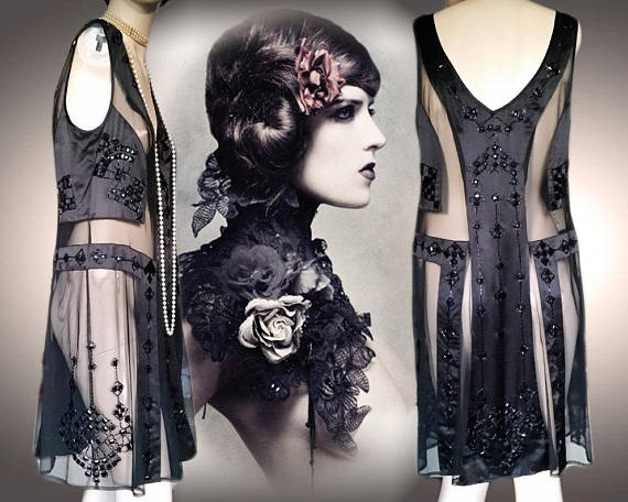 Reserved for Chanel Vintage Net sheer 1920's sequinned and beaded Psnneled Flapper Charleston Jazz era Prohibition Dress size Uk 8 US 4 by CrimsonQueens steampunk buy now online