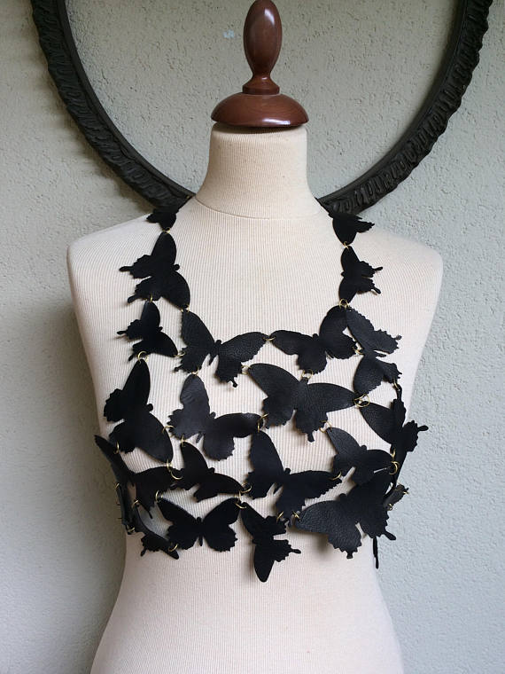 Sexy Butterfly - Black Leather Butterflies Top Bralette Steampunk Gothic - OOAK by TheButterfliesShop steampunk buy now online