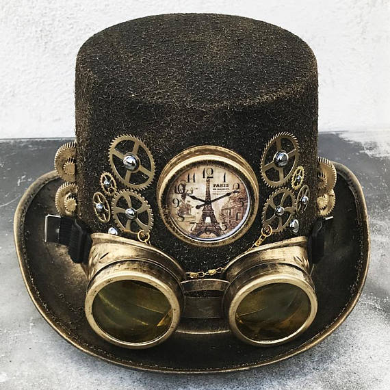STEAMPUNK HAT GOGGLES Set - 2 pc Gold Brass Vintage-Look Steampunk Top Hat with Clock, Gears, Chains, Tubes, and Matching Removable Goggles by jadedminx steampunk buy now online