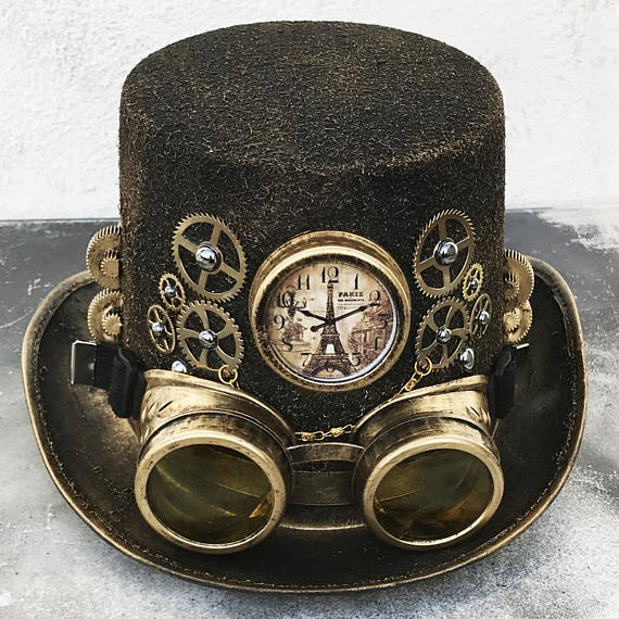 STEAMPUNK HAT GOGGLES Set - 2 pc Gold Brass Vintage-Look Steampunk Top Hat with Clock, Gears, Chains, Tubes, and Matching Removable Goggles by jadedminx steampunk buy now online STEAMPUNK HAT GOGGLES Set - 2 pc Gold Brass Vintage-Look Steampunk Top Hat with Clock, Gears, Chains, Tubes, and Matching Removable Goggles by jadedminx steampunk buy now online