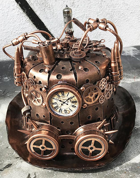 STEAMPUNK TOP HAT - Copper Steampunk Hat with Sheet Metal, Gears, Rivets, Tubes, Bullet Cartridges, Spikes, Gauge, and Goggles by jadedminx steampunk buy now online STEAMPUNK TOP HAT - Copper Steampunk Hat with Sheet Metal, Gears, Rivets, Tubes, Bullet Cartridges, Spikes, Gauge, and Goggles by jadedminx steampunk buy now online
