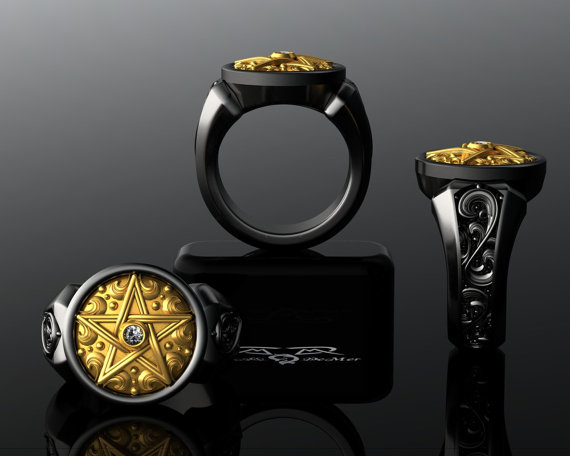 Supernatural Ring. Diamond Arra Star, Pentagram, Pentacle, Crowley. Black Silver and 14kt solid gold. secret society magick wiccan gothic by DeMerJewelry steampunk buy now online Supernatural Ring. Diamond Arra Star, Pentagram, Pentacle, Crowley. Black Silver and 14kt solid gold. secret society magick wiccan gothic by DeMerJewelry steampunk buy now online