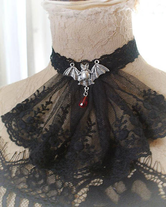 Victorian Choker Necklace Jabot Collar Black Lace Bat red crystal drop Collar Neckpiece goth gothic Punk steampunk Lolita Vampire by MiaDressShop steampunk buy now online Victorian Choker Necklace Jabot Collar Black Lace Bat red crystal drop Collar Neckpiece goth gothic Punk steampunk Lolita Vampire by MiaDressShop steampunk buy now online
