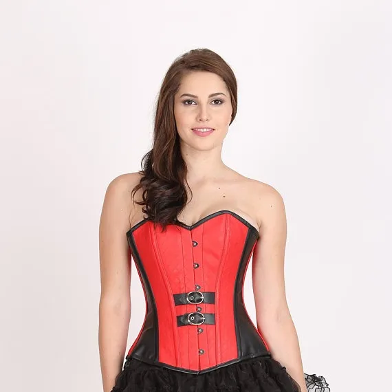 Women’s Red Black Leather Gothic Steampunk Bustier Waist Training Overbust Corset Top by aakarKriti steampunk buy now online