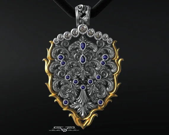 Champagne diamond and royal blue sapphire huge statement pendant necklace antiqued sterling and yellow gold. Midnight Garden Gothic Thorns by DeMerJewelry steampunk buy now online
