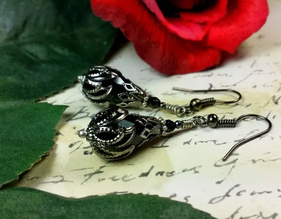 Jet Black Gunmetal Earrings, Ebony Silver Victorian Dangles, Onyx Teardrop Gothic, Edwardian Bridal, Black Steampunk, Titanic Temptations by TitanicTemptations steampunk buy now online