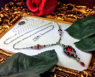 Ox Blood Red Silver Gothic Victorian Necklace, Crimson Garnet Heart Pendant Steampunk Edwardian Bridal Choker, Titanic Temptations 17013 by TitanicTemptations steampunk buy now online