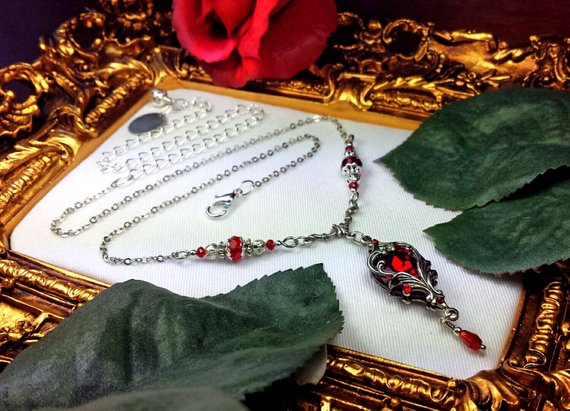 Ox Blood Red Silver Gothic Victorian Necklace, Crimson Garnet Heart Pendant Steampunk Edwardian Bridal Choker, Titanic Temptations 17013 by TitanicTemptations steampunk buy now online