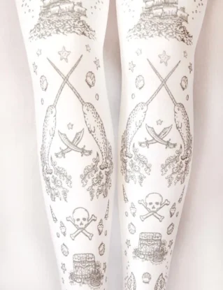Pirate Printed Tights Narwhal Tattoos Silver on White All Sizes Nautical Lolita Steampunk Victoriana by TejaJamilla steampunk buy now online