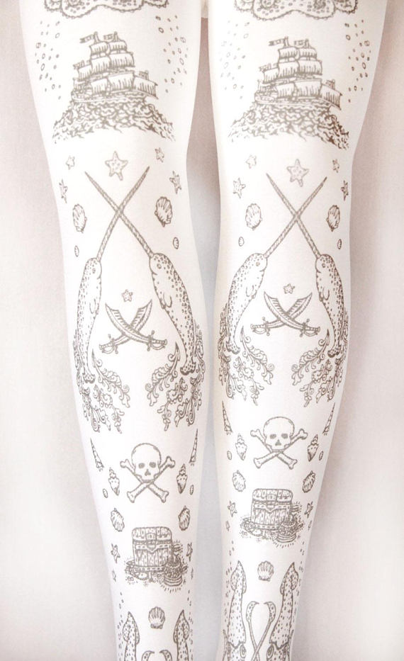 Pirate Printed Tights Narwhal Tattoos Silver on White All Sizes Nautical Lolita Steampunk Victoriana by TejaJamilla steampunk buy now online
