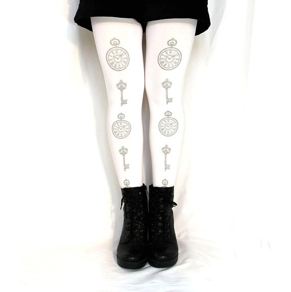 Pocket Watch Keys Tights Silver on White All Sizes Alice in Wonderland Pocketwatch Clock Lolita by TejaJamilla steampunk buy now online