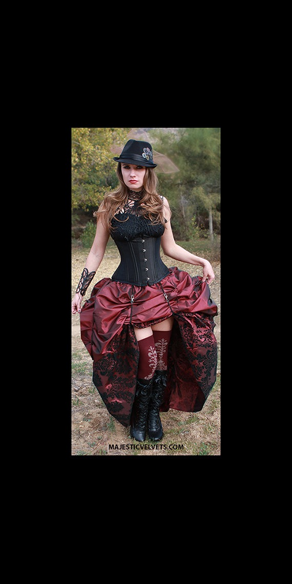 Ready 3PC Black UNDERBUST Heavy Duty Corset, Long Wine &Black Damask, short wine skirt DOUBLE Bustle, Steampunk, Victorian, Costume, Dress by MajesticVelvets steampunk buy now online