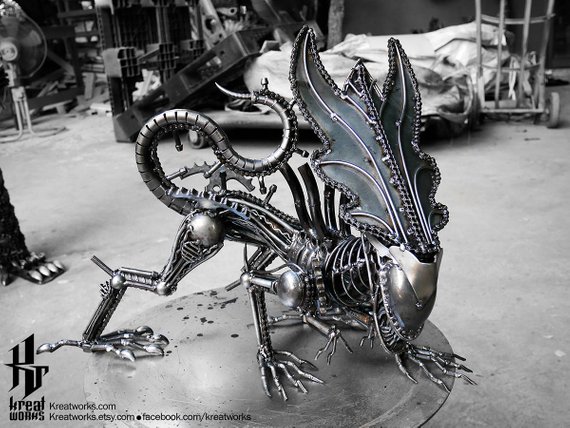 Recycled Metal Crouching Queen Monster (Medium item) --- Steampunk Cyberpunk Dieselpunk Biomechanic Xenomorph by Kreatworks steampunk buy now online