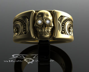 Skull wedding band. Wide solid 14kt gold and diamonds. Scrollwork Wayward Steampunk Victorian Western engravings. Wide Mens Skull Ring. by DeMerJewelry steampunk buy now online