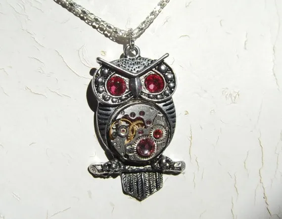 Steampunk Goddess Athena Owl Azalea Shades of Pink Necklace Vintage Watch Movement by PatchworkJewelry steampunk buy now online Steampunk Goddess Athena Owl Azalea Shades of Pink Necklace Vintage Watch Movement by PatchworkJewelry steampunk buy now online