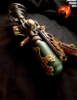 STEAMPUNK Nautilus Ray gun, metallic green, red leather handle, gauges, cosplay or display by YorkshirePhoenixArts steampunk buy now online