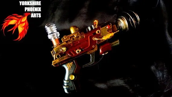 Steampunk ray gun, working battery power light, metallic colours, cables, cogs and gears, cosplay or display by YorkshirePhoenixArts steampunk buy now online