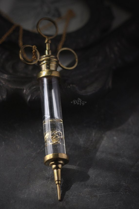 Syringe with Human Skull Necklace by Defy / Cool Design Handmade Jewelry / Pendant / Charms by DefyJewelry steampunk buy now online