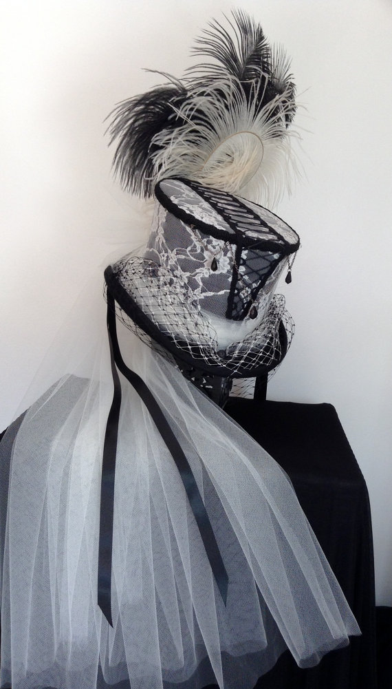 Victorian gothic corset black and Ivory lace wedding hat by Blackpin steampunk buy now online