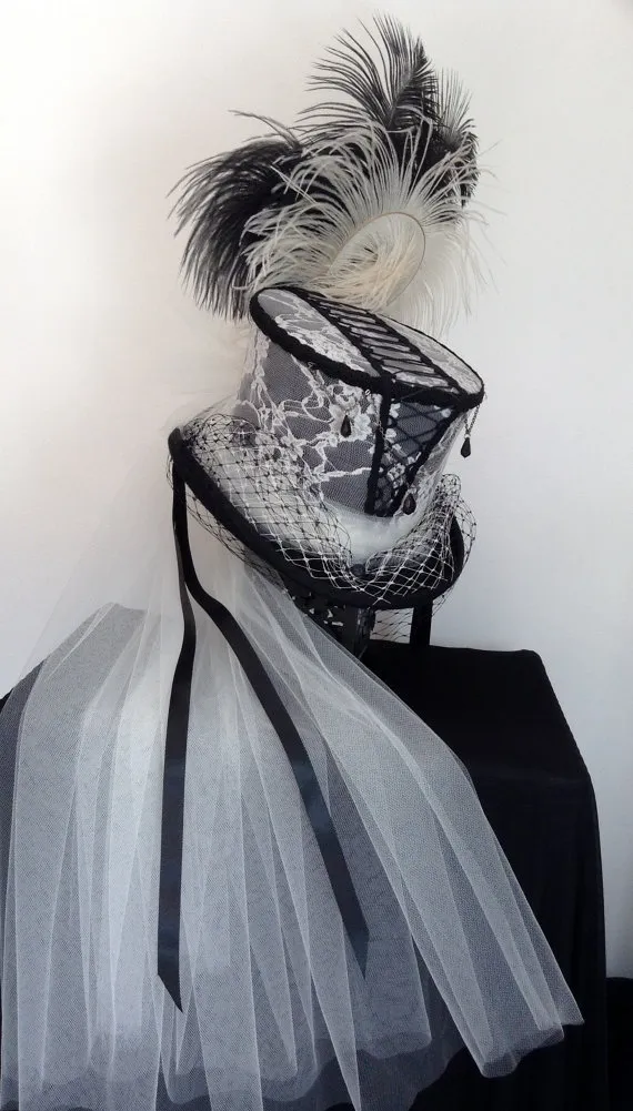 Victorian gothic corset black and Ivory lace wedding hat by Blackpin steampunk buy now online