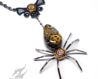 Victorian Steampunk Spider Necklace ~ Mixed Metals ~ Resin Cabochon w/ Watch Gears, AB Rhinestones, Brass & Stainless Steel Chain #N0671 by FANTASTICALITYbyRTD steampunk buy now online
