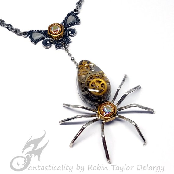 Victorian Steampunk Spider Necklace ~ Mixed Metals ~ Resin Cabochon w/ Watch Gears, AB Rhinestones, Brass & Stainless Steel Chain #N0671 by FANTASTICALITYbyRTD steampunk buy now online