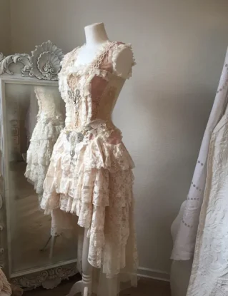 Wedding dress corset,bridal gown rufflled,boho wedding dress vintage inspired,pink, antique lace,burlesque wedding dress,steampunk wedding by RAWRAGSbyPK steampunk buy now online