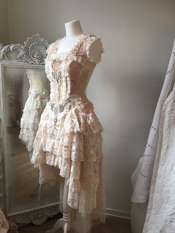Wedding dress corset,bridal gown rufflled,boho wedding dress vintage inspired,pink, antique lace,burlesque wedding dress,steampunk wedding by RAWRAGSbyPK steampunk buy now online