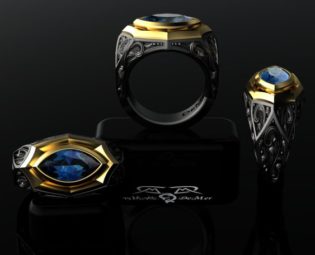 Cigar Band Ring. 14k european gold, black silver. London blue topaz. Gothic wayward gun engraving! Steampunk Mangagement! by DeMerJewelry steampunk buy now online