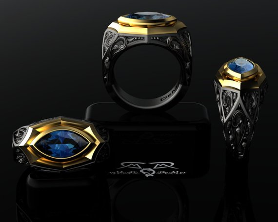 Cigar Band Ring. 14k european gold, black silver. London blue topaz. Gothic wayward gun engraving! Steampunk Mangagement! by DeMerJewelry steampunk buy now online