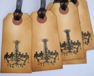 Gift tags, vintage style luggage label with ribbon x6 Black Chandelier hand stamped design by EmporiumCuriosities1 steampunk buy now online