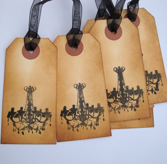 Gift tags, vintage style luggage label with ribbon x6 Black Chandelier hand stamped design by EmporiumCuriosities1 steampunk buy now online