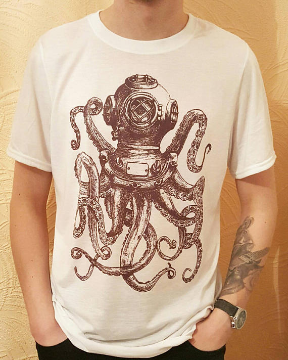 Mens Octopus T-Shirt, Steampunk Kraken Tshirt, Deep Sea Diving, Giant Squid Shirt, Rustic Diver Tee, Gifts For Him, Fathers Day Top by MunchkinsNPumpkinsUK steampunk buy now online