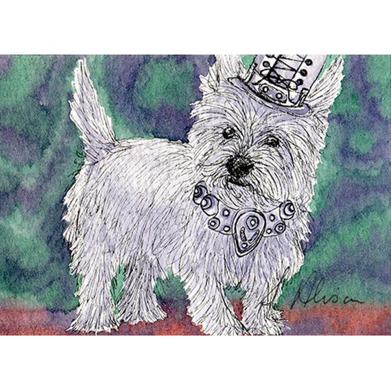 Original West Highland terrier Westie dog mini art ACEO painting steampunk - a miniature Susan Alison watercolour painting artist card by susanalisonart steampunk buy now online