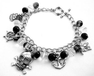 Pirate charm bracelet, silver charms, skull and crossbones, nautical, anchor, black & clear beads by PirateTreasures steampunk buy now online