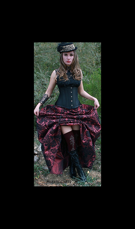 Ready to ship Black UNDERBUST Heavy Duty Corset with WINE Damask Bustle Skirt, Steampunk, Victorian, Cosplay, Dress, outfit, costume by MajesticVelvets steampunk buy now online