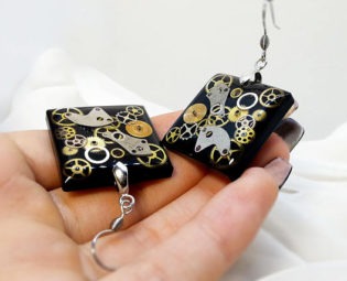 Recycled vintage watch parts, old watch mechanism, black resin steampunk big earrings, sparkle metallic square earrings by ByEmilyRay steampunk buy now online