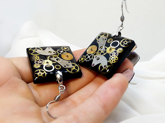 Recycled vintage watch parts, old watch mechanism, black resin steampunk big earrings, sparkle metallic square earrings by ByEmilyRay steampunk buy now online