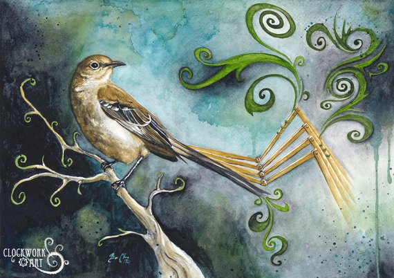 SALE! To Mechanise a Mockingbird: Fine Art Watercolour Bird Print (Discontinued) by ClockworkArtShop steampunk buy now online