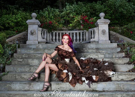 Size Small ivory and brown High Low tulle Burlesque underbust Corset zombie Dress short in the front long train in the back with Peasant top by Glamtastik steampunk buy now online