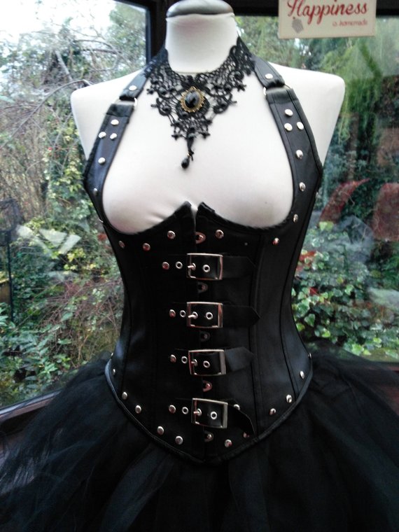 Small size Leather look underbust buckled studded steampunk victorian corset dress goth day of the dead tutu skirt separate to the corset by steampunkageboho steampunk buy now online