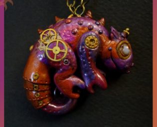 Steampunk chameleon necklace, Purple scifi lizard pendant, Polymer clay industrial clockwork fantasy jewelry, Vintage gears, Steam power by CrumpledFantazies steampunk buy now online